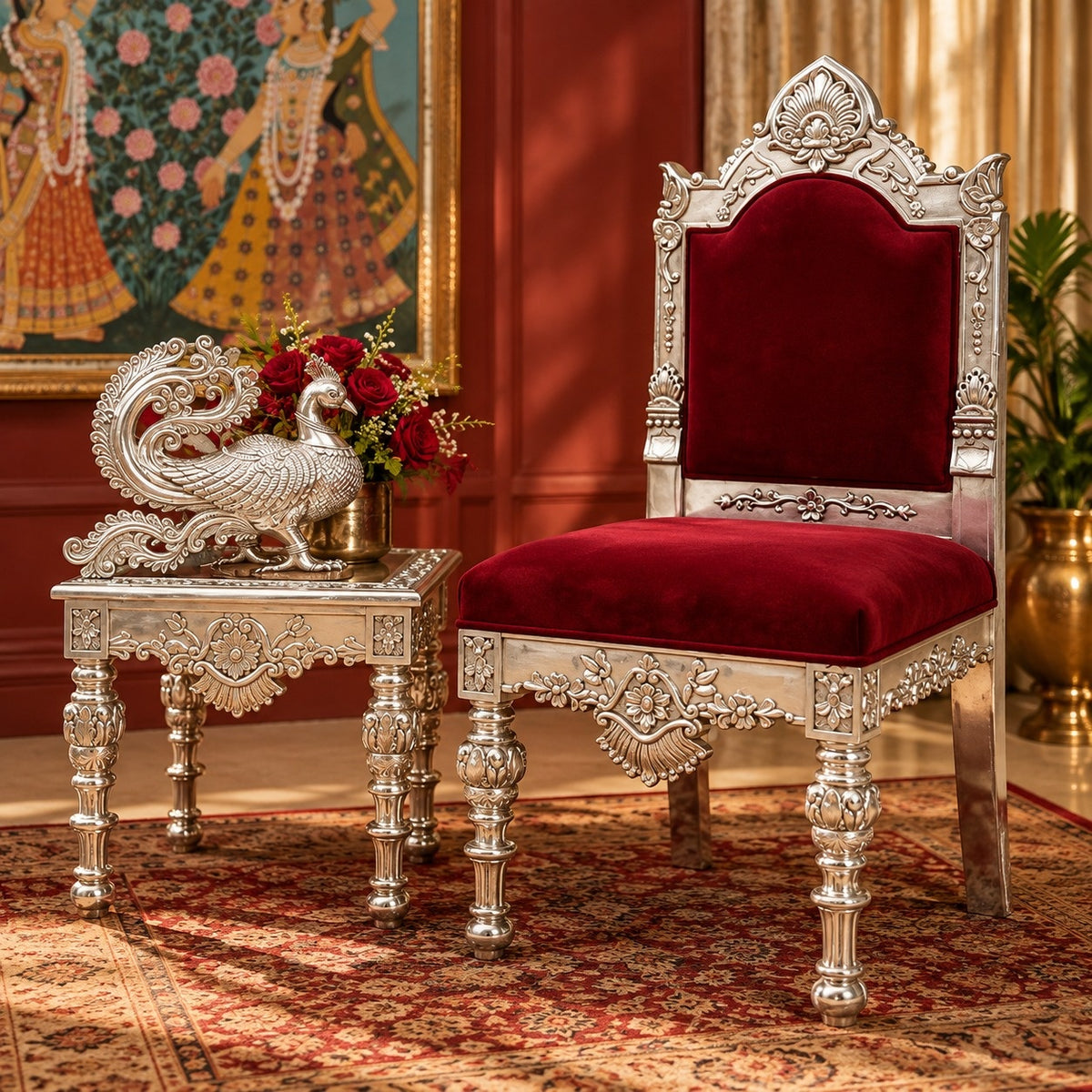 the regal peacock silver chair & table