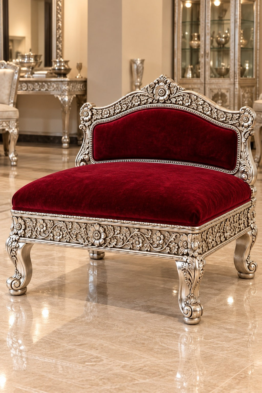 the royal silver velvet settee